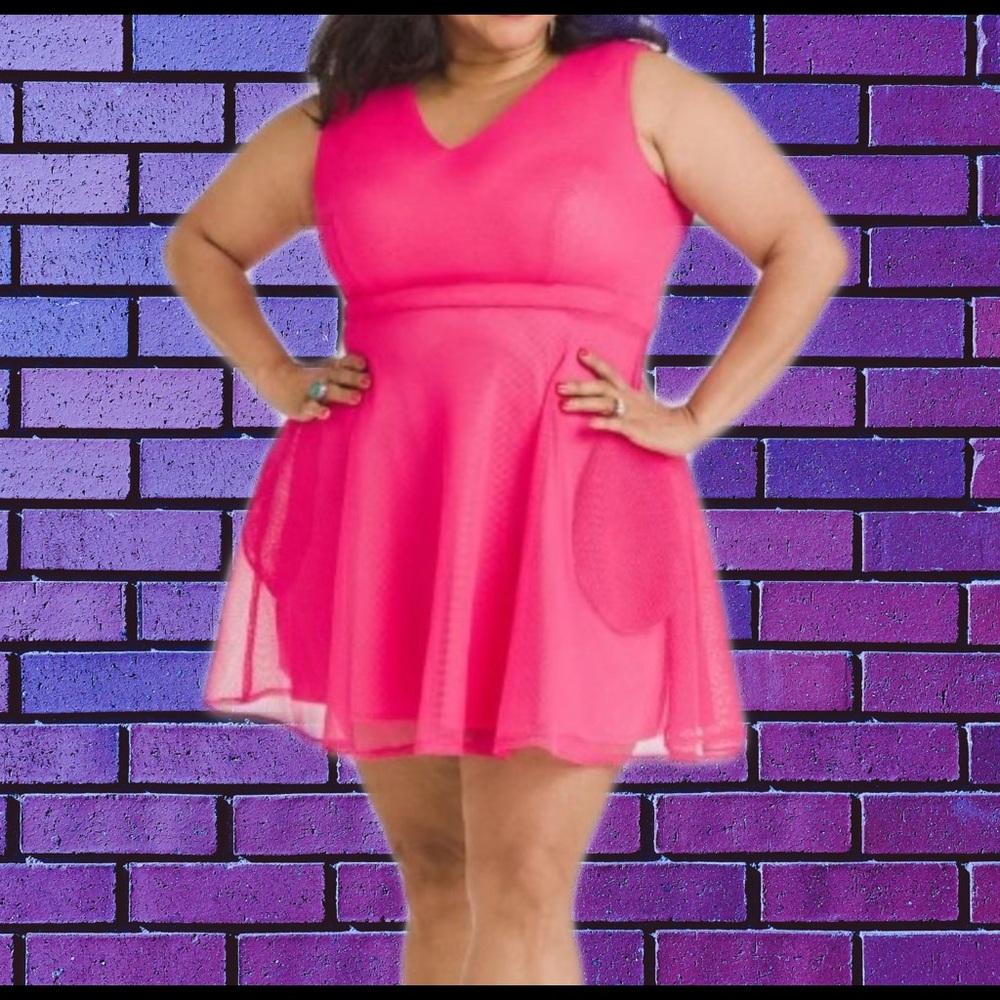 pink midi cocktail dress w/outer mesh layer & pockets